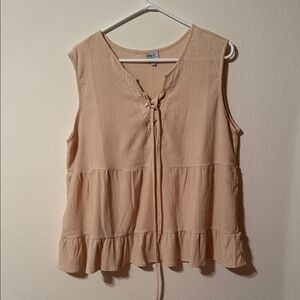 Cozy Casual Tan Sleeveless Blouse with Tie-Front